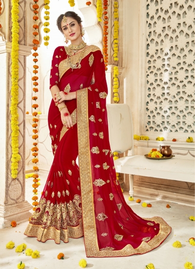 Red Faux  Georgette  Embroidered  Traditional  Saree 5903